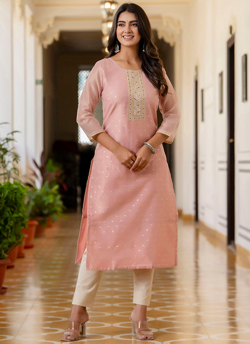 Vellora Shimmer Silk Baby Pink Casual Wear Embroidery Work Readymade Kurti | Grocsy