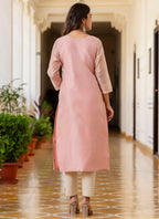 Vellora Shimmer Silk Baby Pink Casual Wear Embroidery Work Readymade Kurti | Grocsy