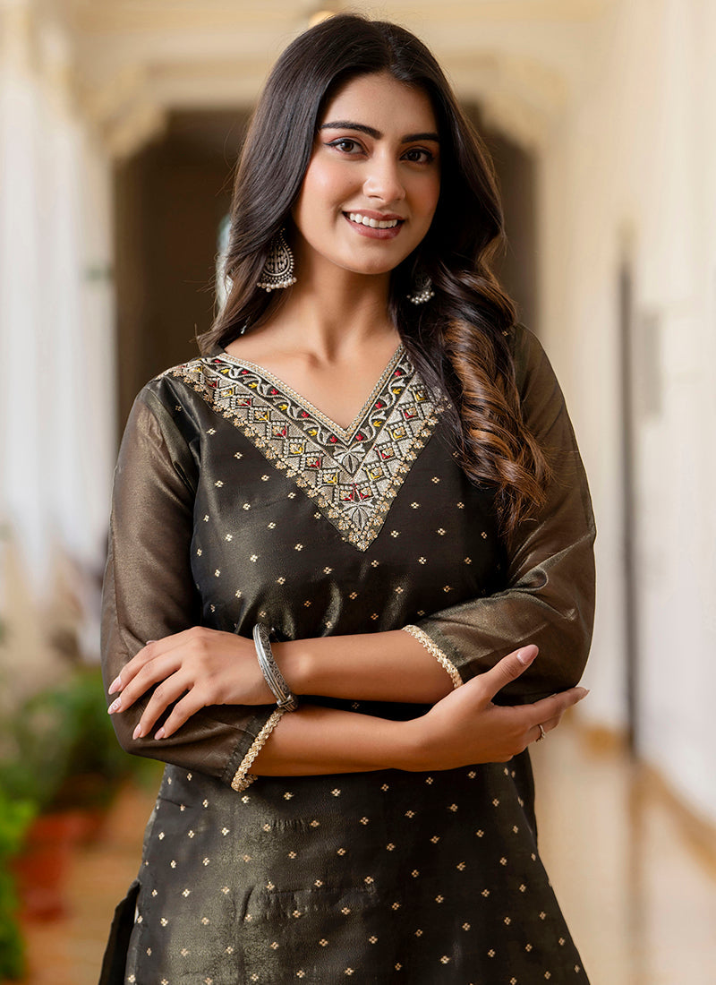 Vellora Shimmer Silk Black Casual Wear Embroidery Work Readymade Kurti | Grocsy