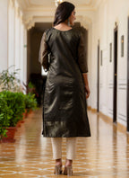 Vellora Shimmer Silk Black Casual Wear Embroidery Work Readymade Kurti | Grocsy