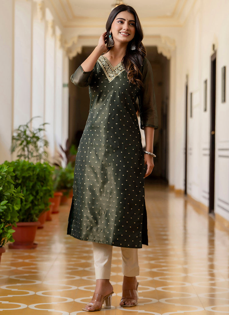 Vellora Shimmer Silk Bottle Green Casual Wear Embroidery Work Readymade Kurti | Grocsy
