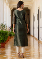 Vellora Shimmer Silk Bottle Green Casual Wear Embroidery Work Readymade Kurti | Grocsy