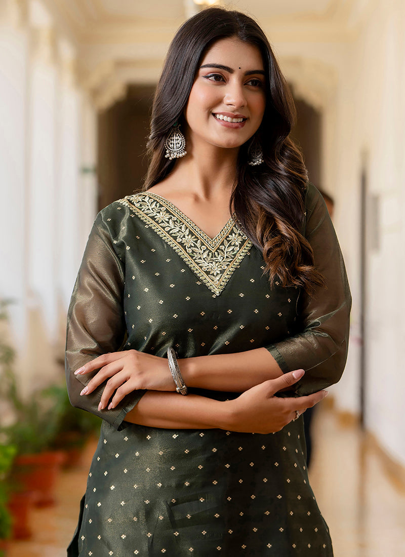 Vellora Shimmer Silk Bottle Green Casual Wear Embroidery Work Readymade Kurti | Grocsy