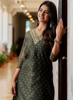 Vellora Shimmer Silk Bottle Green Casual Wear Embroidery Work Readymade Kurti | Grocsy