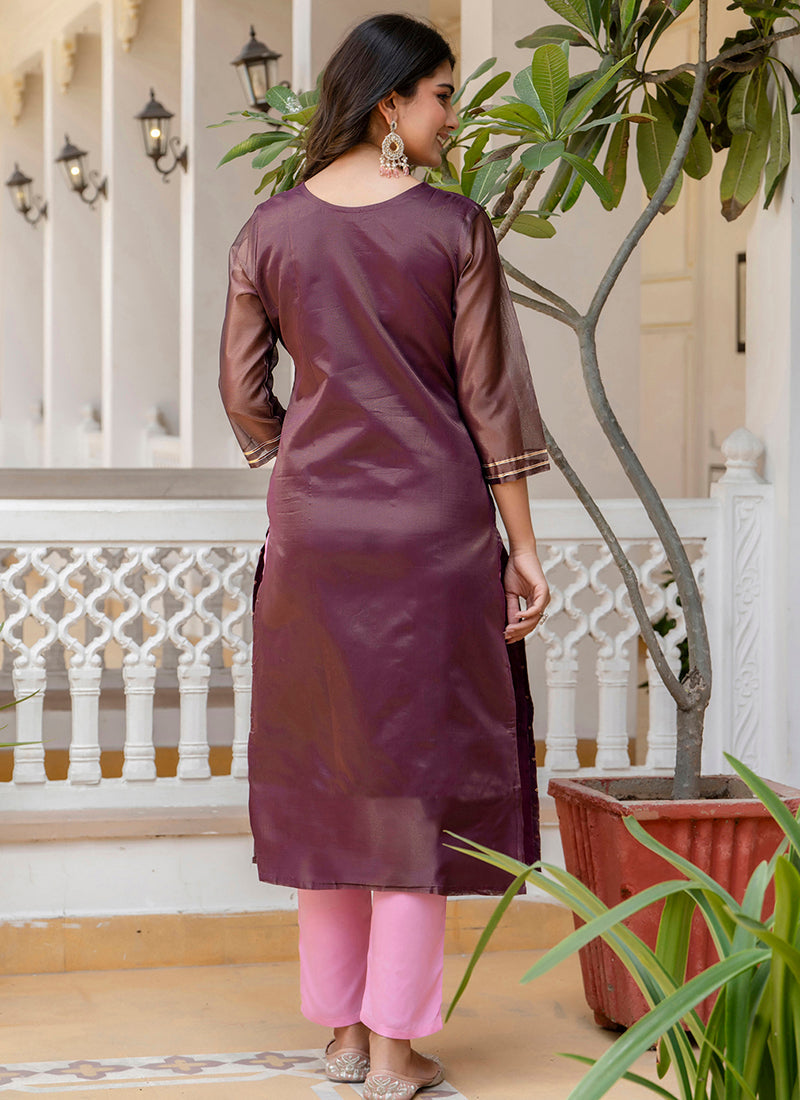 Vellora Shimmer Silk Purple Casual Wear Embroidery Work Readymade Kurti | Grocsy