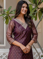 Vellora Shimmer Silk Purple Casual Wear Embroidery Work Readymade Kurti | Grocsy