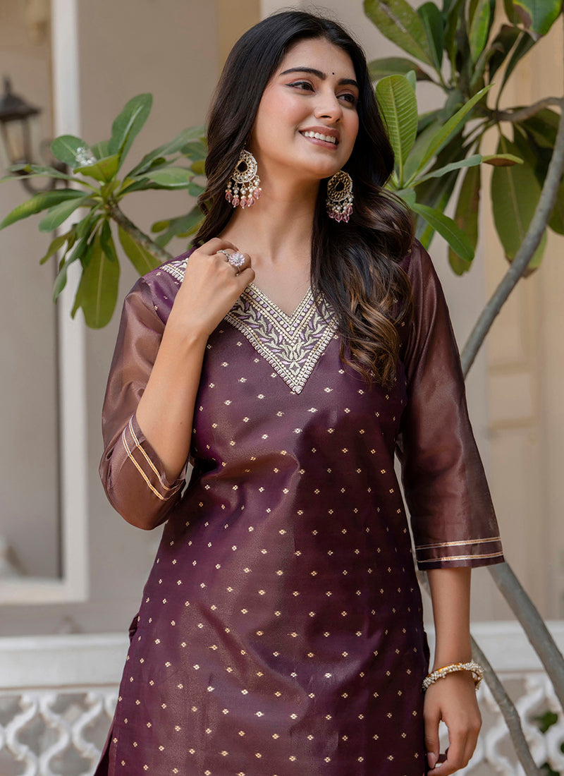 Vellora Shimmer Silk Purple Casual Wear Embroidery Work Readymade Kurti | Grocsy