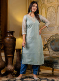 Vellora Shimmer Silk Sky Blue Casual Wear Embroidery Work Readymade Kurti | Grocsy