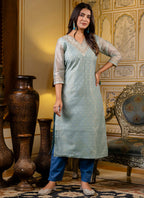 Vellora Shimmer Silk Sky Blue Casual Wear Embroidery Work Readymade Kurti | Grocsy