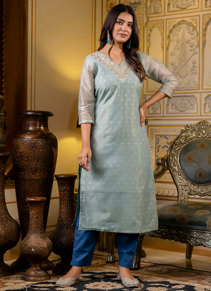 Vellora Shimmer Silk Sky Blue Casual Wear Embroidery Work Readymade Kurti | Grocsy