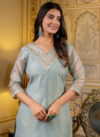 Vellora Shimmer Silk Sky Blue Casual Wear Embroidery Work Readymade Kurti | Grocsy