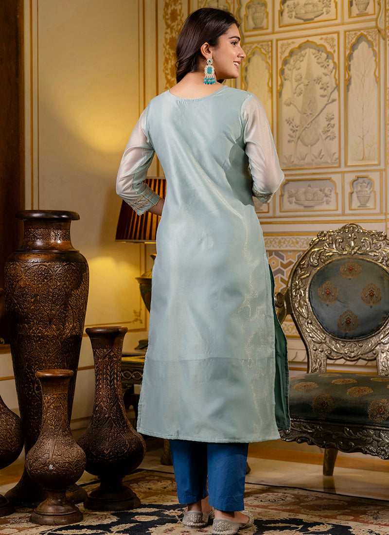 Vellora Shimmer Silk Sky Blue Casual Wear Embroidery Work Readymade Kurti | Grocsy