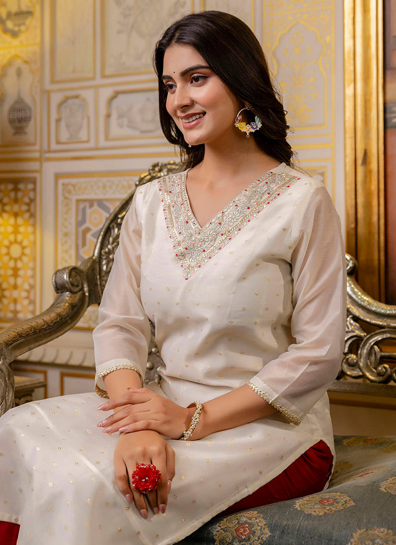 Vellora Shimmer Silk White Casual Wear Embroidery Work Readymade Kurti | Grocsy