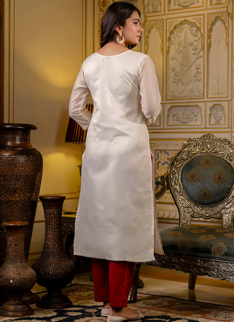 Vellora Shimmer Silk White Casual Wear Embroidery Work Readymade Kurti | Grocsy