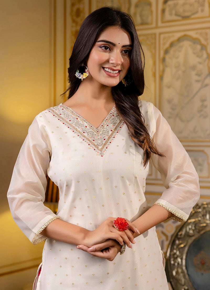 Vellora Shimmer Silk White Casual Wear Embroidery Work Readymade Kurti | Grocsy