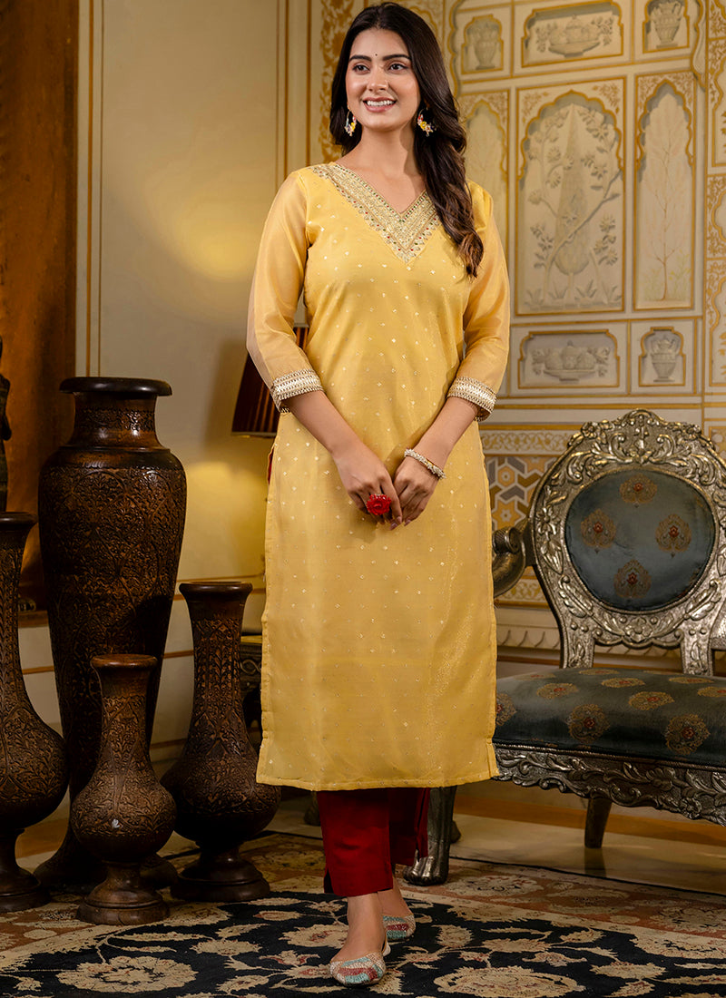 Vellora Shimmer Silk Yellow Casual Wear Embroidery Work Readymade Kurti | Grocsy
