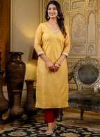 Vellora Shimmer Silk Yellow Casual Wear Embroidery Work Readymade Kurti | Grocsy
