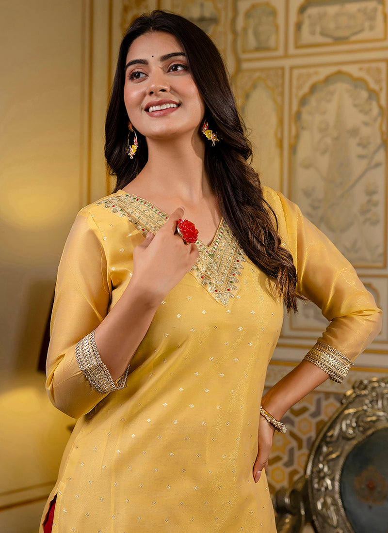 Vellora Shimmer Silk Yellow Casual Wear Embroidery Work Readymade Kurti | Grocsy