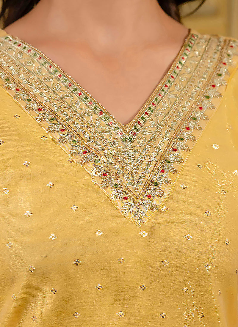 Vellora Shimmer Silk Yellow Casual Wear Embroidery Work Readymade Kurti | Grocsy