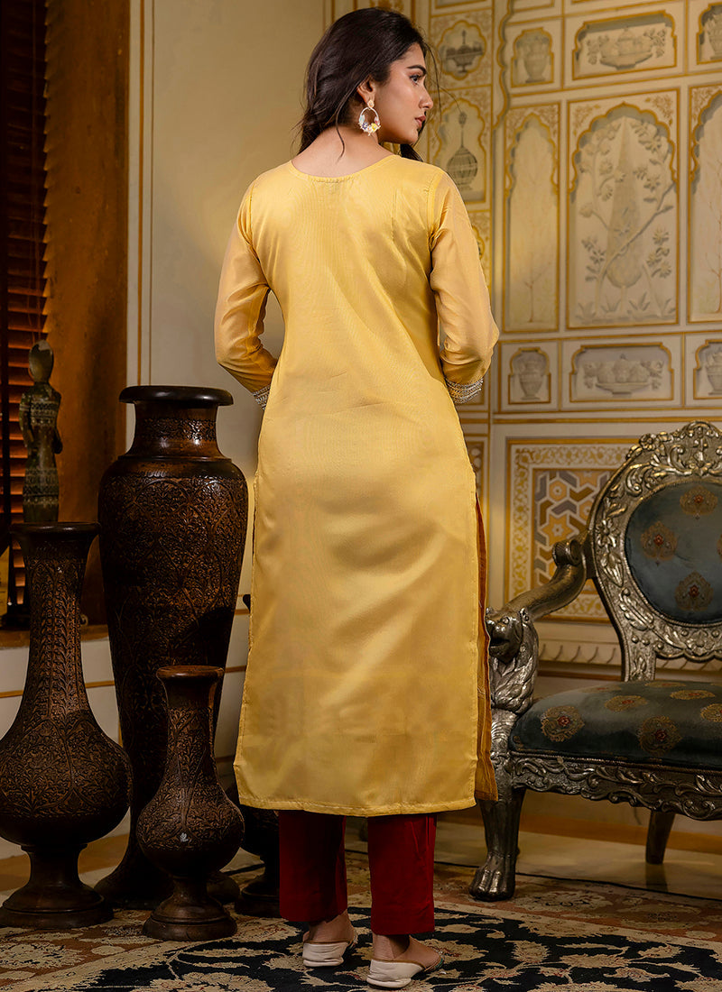Vellora Shimmer Silk Yellow Casual Wear Embroidery Work Readymade Kurti | Grocsy