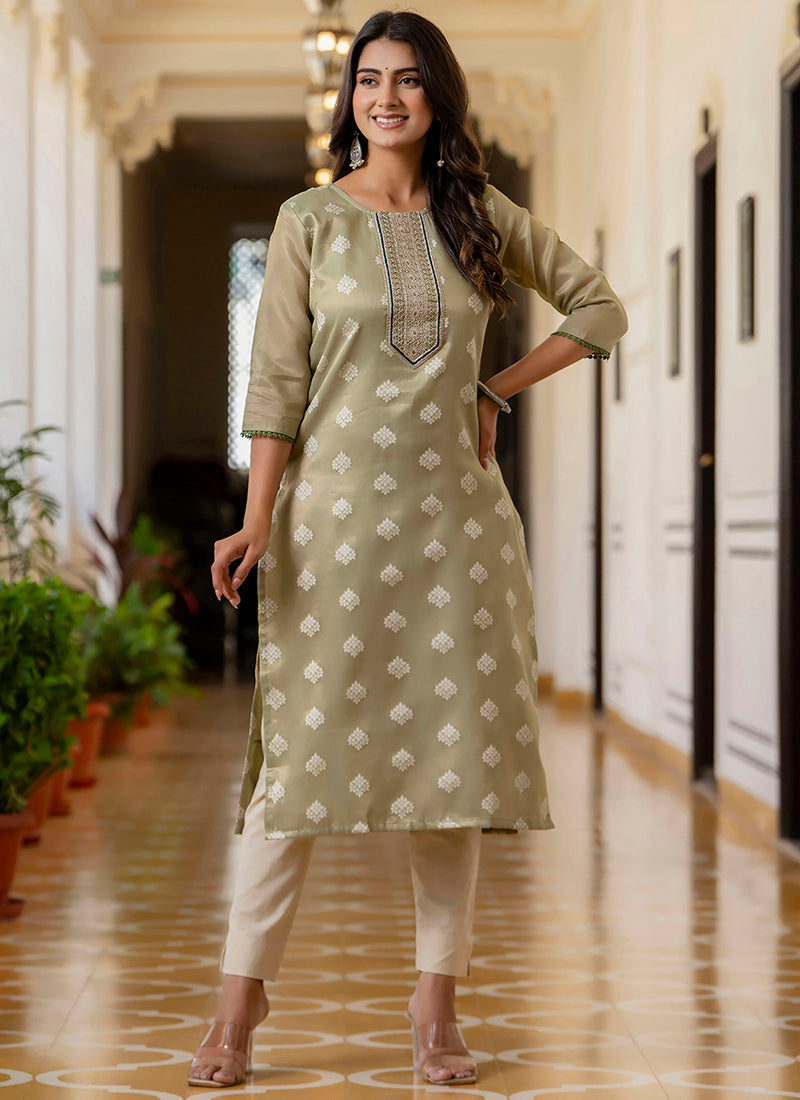 Vellora Shimmer Silk Sage Green Casual Wear Embroidery Work Readymade Kurti | Grocsy