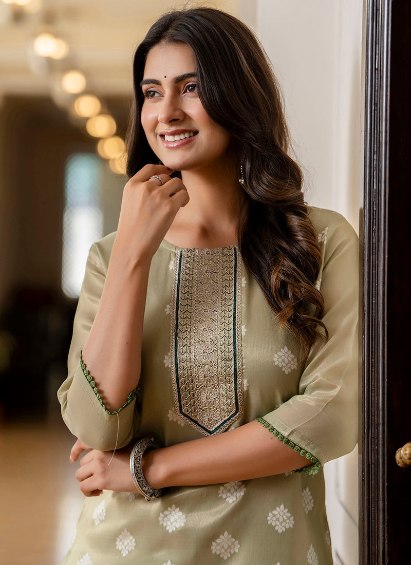 Vellora Shimmer Silk Sage Green Casual Wear Embroidery Work Readymade Kurti | Grocsy