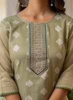 Vellora Shimmer Silk Sage Green Casual Wear Embroidery Work Readymade Kurti | Grocsy