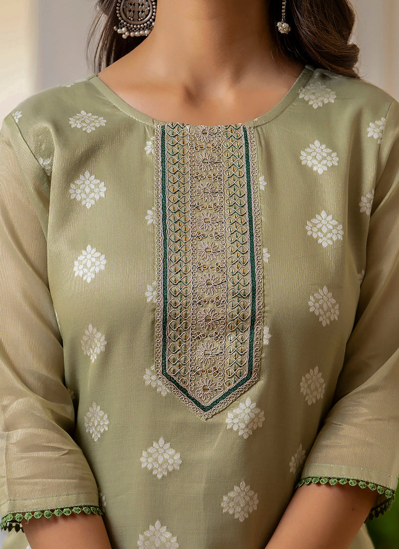 Vellora Shimmer Silk Sage Green Casual Wear Embroidery Work Readymade Kurti | Grocsy