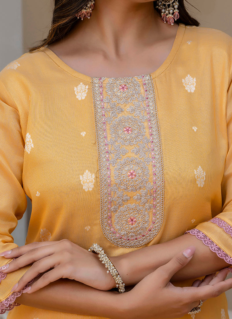 Vellora Shimmer Silk Mustard Casual Wear Embroidery Work Readymade Kurti | Grocsy