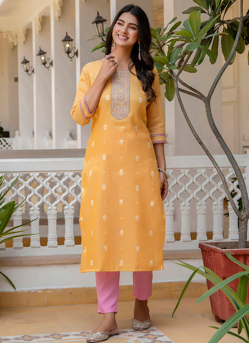 Vellora Shimmer Silk Mustard Casual Wear Embroidery Work Readymade Kurti | Grocsy