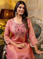 Vellora Shimmer Silk Baby Pink Casual Wear Embroidery Work Readymade Kurti | Grocsy