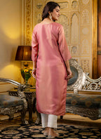 Vellora Shimmer Silk Baby Pink Casual Wear Embroidery Work Readymade Kurti | Grocsy