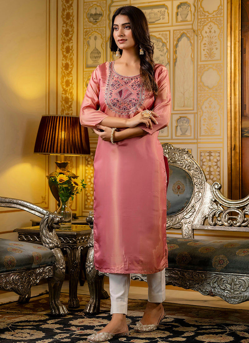 Vellora Shimmer Silk Baby Pink Casual Wear Embroidery Work Readymade Kurti | Grocsy