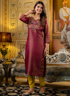 Vellora Shimmer Silk Brown Casual Wear Embroidery Work Readymade Kurti | Grocsy