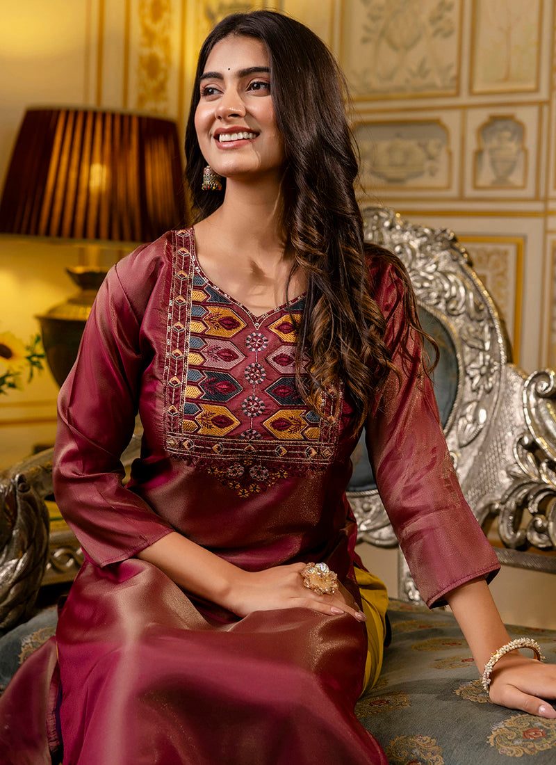 Vellora Shimmer Silk Brown Casual Wear Embroidery Work Readymade Kurti | Grocsy