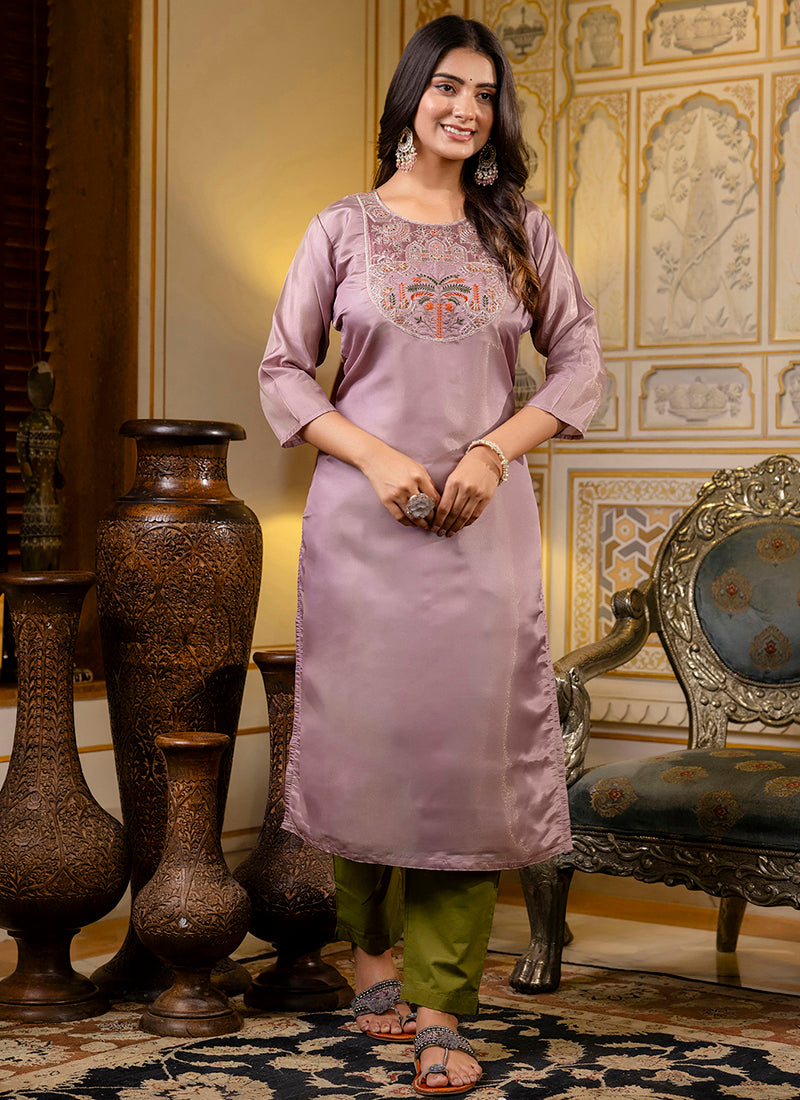 Vellora Shimmer Silk Lavender Casual Wear Embroidery Work Readymade Kurti | Grocsy