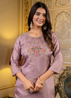 Vellora Shimmer Silk Lavender Casual Wear Embroidery Work Readymade Kurti | Grocsy
