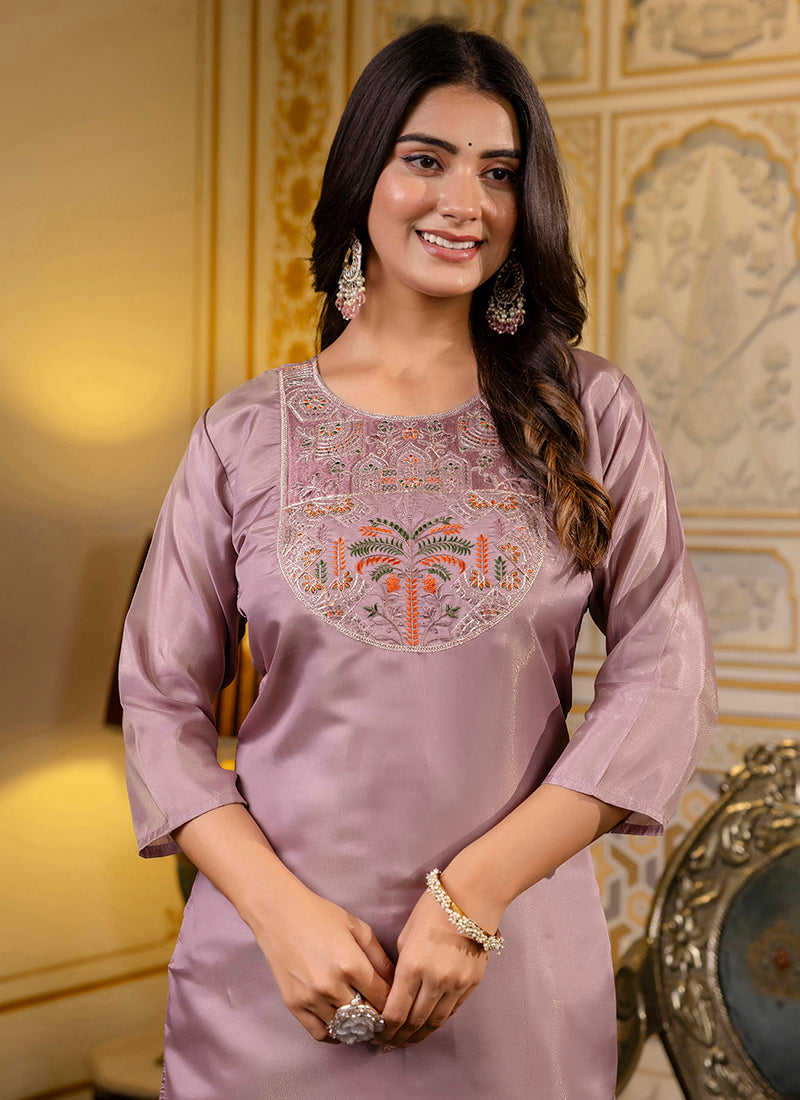 Vellora Shimmer Silk Lavender Casual Wear Embroidery Work Readymade Kurti | Grocsy