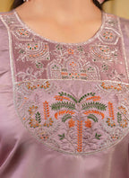 Vellora Shimmer Silk Lavender Casual Wear Embroidery Work Readymade Kurti | Grocsy
