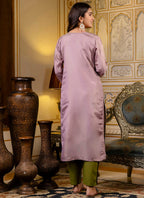 Vellora Shimmer Silk Lavender Casual Wear Embroidery Work Readymade Kurti | Grocsy