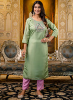 Vellora Shimmer Silk Pista Casual Wear Embroidery Work Readymade Kurti | Grocsy