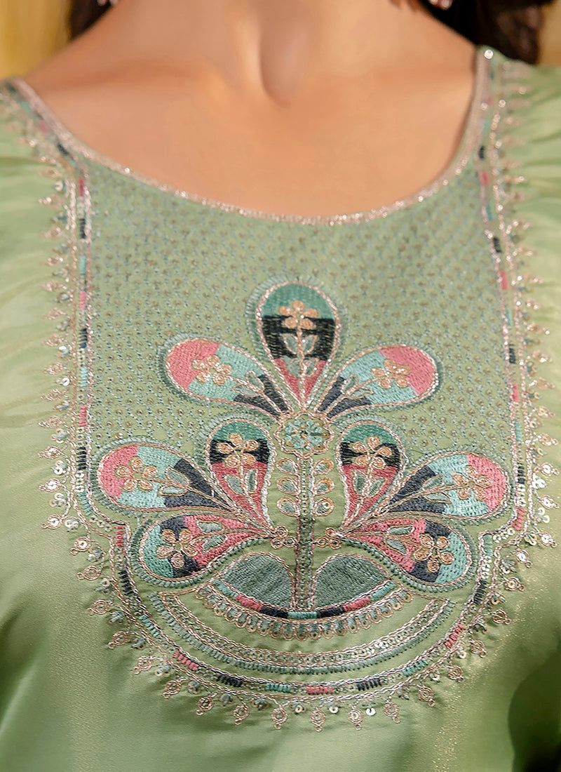 Vellora Shimmer Silk Pista Casual Wear Embroidery Work Readymade Kurti | Grocsy