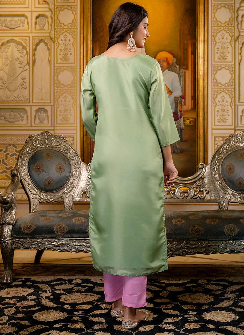 Vellora Shimmer Silk Pista Casual Wear Embroidery Work Readymade Kurti | Grocsy