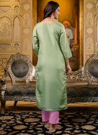 Vellora Shimmer Silk Pista Casual Wear Embroidery Work Readymade Kurti | Grocsy