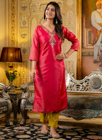 Vellora Shimmer Silk Rani Casual Wear Embroidery Work Readymade Kurti | Grocsy