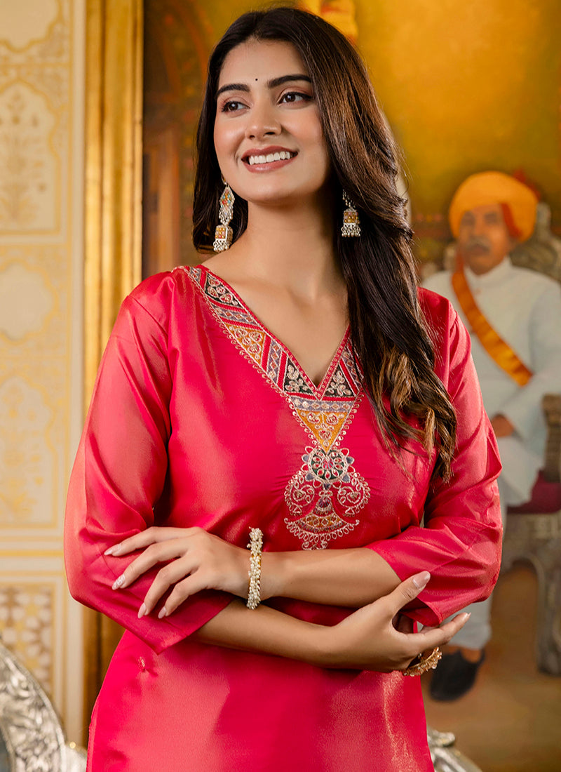 Vellora Shimmer Silk Rani Casual Wear Embroidery Work Readymade Kurti | Grocsy