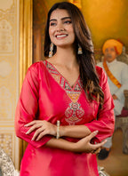 Vellora Shimmer Silk Rani Casual Wear Embroidery Work Readymade Kurti | Grocsy