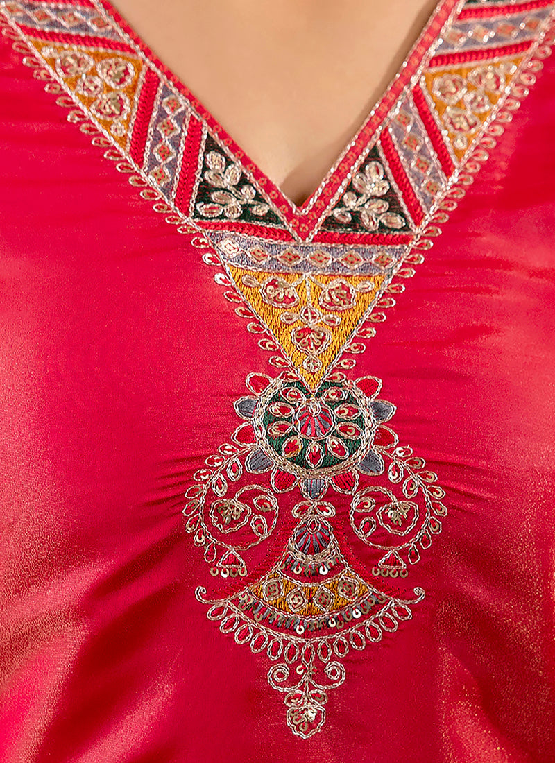 Vellora Shimmer Silk Rani Casual Wear Embroidery Work Readymade Kurti | Grocsy