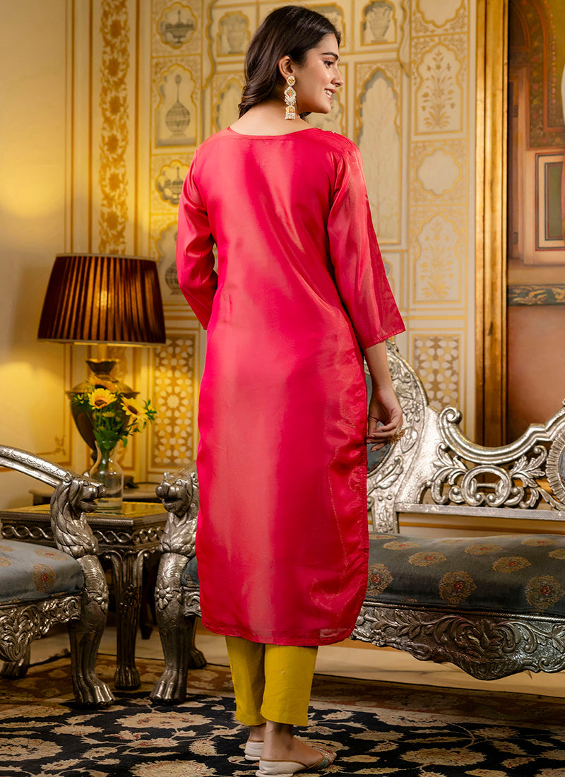 Vellora Shimmer Silk Rani Casual Wear Embroidery Work Readymade Kurti | Grocsy