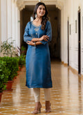 Vellora Shimmer Silk Teal Casual Wear Embroidery Work Readymade Kurti | Grocsy